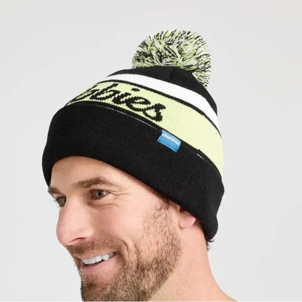 NWOT Chubbies The Lime-o Pom Beanie Black Lime Green Striped Foldover Men's OS